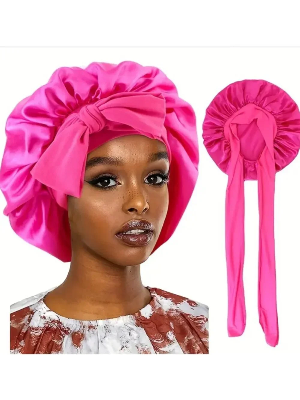 Rose Red Satin Sleep Bonnet for Curly Hair Extra Soft Silky Night Cap Adjustable